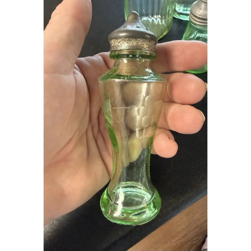 Vintage Uranium Vaseline Glass Kitchen Set Shakers Syrup Pitcher 6 Pc